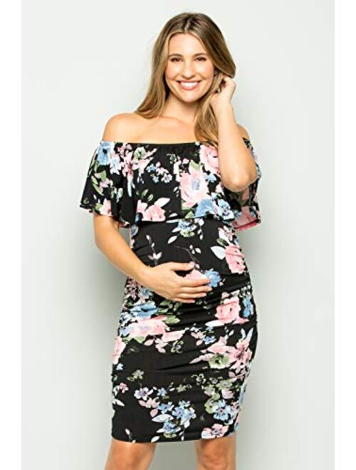 My Bump Women's Ruffle Off-Shoulder Maternity Dress W/Side Sharing(Made in USA)