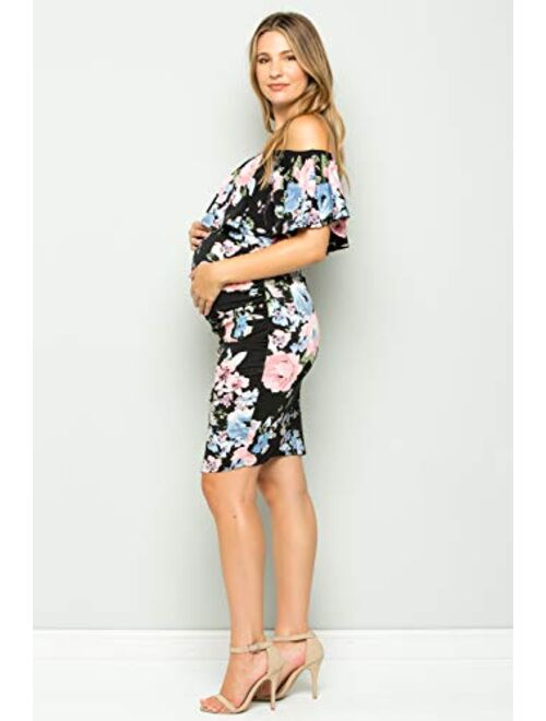 My Bump Women's Ruffle Off-Shoulder Maternity Dress W/Side Sharing(Made in USA)