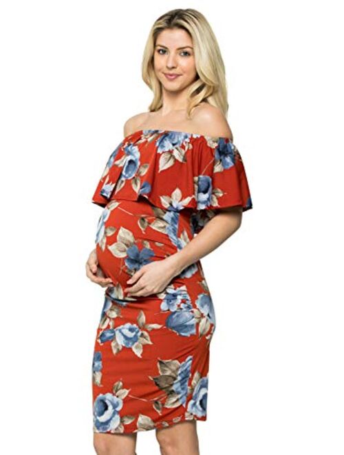 My Bump Women's Ruffle Off-Shoulder Maternity Dress W/Side Sharing(Made in USA)