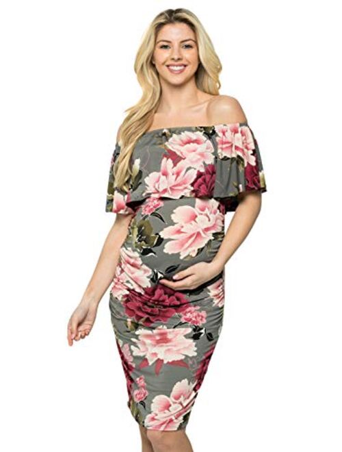 My Bump Women's Ruffle Off-Shoulder Maternity Dress W/Side Sharing(Made in USA)