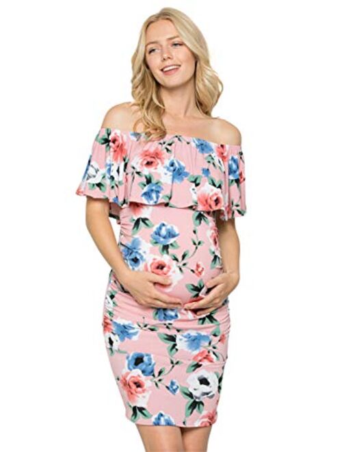 My Bump Women's Ruffle Off-Shoulder Maternity Dress W/Side Sharing(Made in USA)