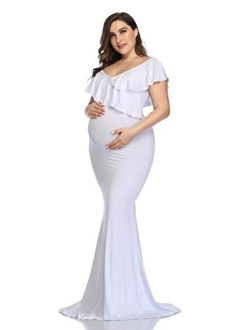 Mommy & Jennie Maternity Dress for Photography Off Shoulder Long Sleeve Chiffon Gown Split Front Maxi Pregnancy Dresses for Photoshoot…