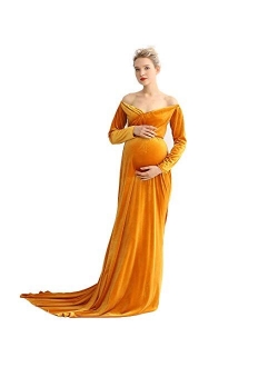 COSYOU Maternity Velvet Dress Long Sleeve Off Shoulders Gown for Baby Shower Maternity Photo Dress Maxi Party Dress