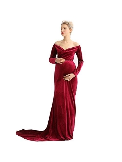 COSYOU Maternity Velvet Dress Long Sleeve Off Shoulders Gown for Baby Shower Maternity Photo Dress Maxi Party Dress