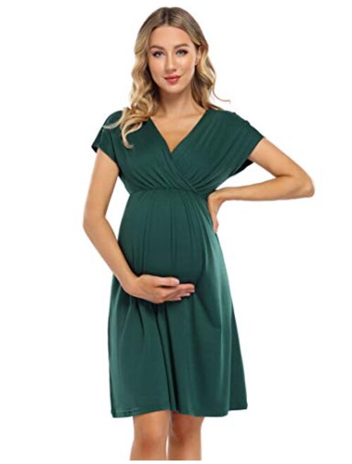 Coolmee Maternity Dress Women's V-Neck A-Line Knee Length Wrap Dress Swing Dresses for Baby Shower or Casual Wear