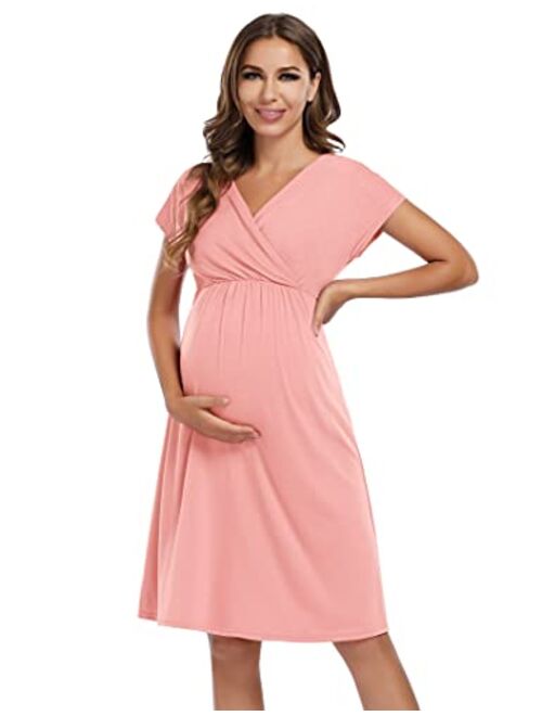 Coolmee Maternity Dress Women's V-Neck A-Line Knee Length Wrap Dress Swing Dresses for Baby Shower or Casual Wear