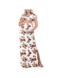 Short Sleeve Bodycon Maternity Dress with Ruched Side Slits for Baby Shower or Casual Wear