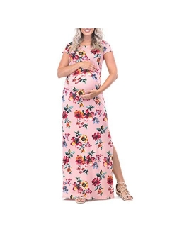 Short Sleeve Bodycon Maternity Dress with Ruched Side Slits for Baby Shower or Casual Wear