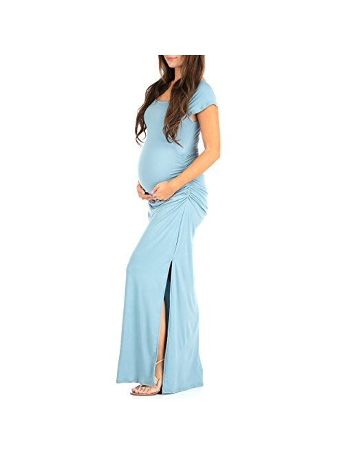 Mother Bee Maternity Short Sleeve Bodycon Maternity Dress with Ruched Side Slits for Baby Shower or Casual Wear