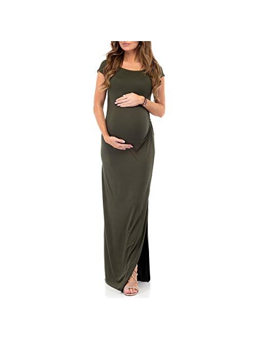 Mother Bee Maternity Short Sleeve Bodycon Maternity Dress with Ruched Side Slits for Baby Shower or Casual Wear