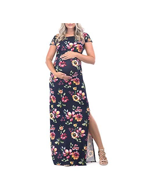 Mother Bee Maternity Short Sleeve Bodycon Maternity Dress with Ruched Side Slits for Baby Shower or Casual Wear