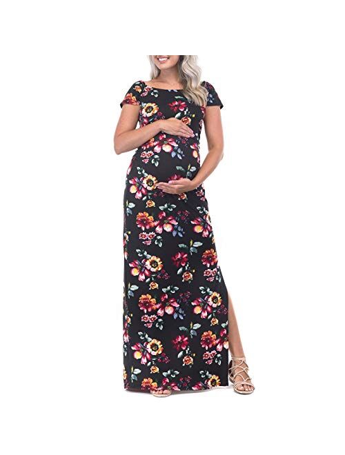 Mother Bee Maternity Short Sleeve Bodycon Maternity Dress with Ruched Side Slits for Baby Shower or Casual Wear