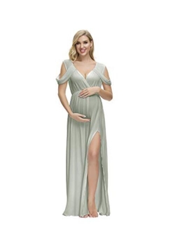 JustVH Maternity Off Shoulder V Neck Drop Sleeves Maxi Photography Dress Side Split Gown for Photoshoot Baby Shower