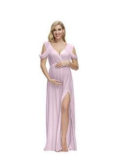 JustVH Maternity Off Shoulder V Neck Drop Sleeves Maxi Photography Dress Side Split Gown for Photoshoot Baby Shower