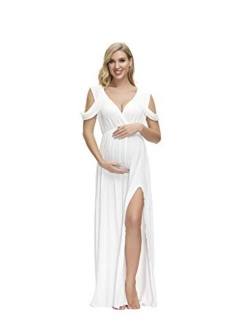 JustVH Maternity Off Shoulder V Neck Drop Sleeves Maxi Photography Dress Side Split Gown for Photoshoot Baby Shower