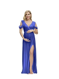 JustVH Maternity Off Shoulder V Neck Drop Sleeves Maxi Photography Dress Side Split Gown for Photoshoot Baby Shower