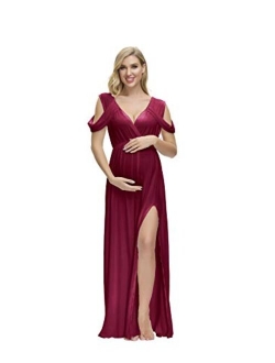 JustVH Maternity Off Shoulder V Neck Drop Sleeves Maxi Photography Dress Side Split Gown for Photoshoot Baby Shower