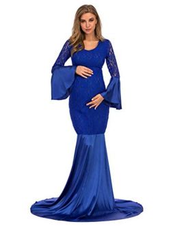 ZIUMUDY Maternity Lace Fitted Gown Long Sleeve Maxi Mermaid Photography Dress Baby Shower Photo Shoot