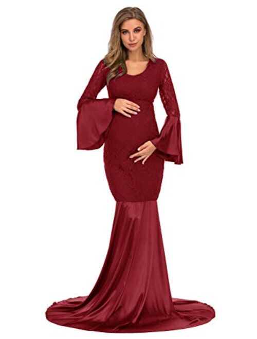 ZIUMUDY Maternity Lace Fitted Gown Long Sleeve Maxi Mermaid Photography Dress Baby Shower Photo Shoot