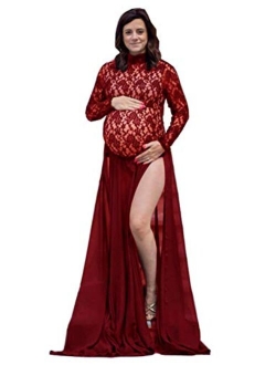 ZIUMUDY Long Sleeve Lace See-Through Maternity Gown for Photography with Maxi Chiffon Skirt Photo Shoot Dress