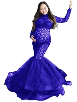 ZIUMUDY Elegant Lace See-Through Maternity Gown for Photo Shoot Long Sleeve Tulle Tutus Maxi Photo Props Dress