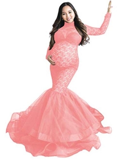 ZIUMUDY Elegant Lace See-Through Maternity Gown for Photo Shoot Long Sleeve Tulle Tutus Maxi Photo Props Dress