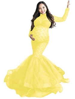 ZIUMUDY Elegant Lace See-Through Maternity Gown for Photo Shoot Long Sleeve Tulle Tutus Maxi Photo Props Dress