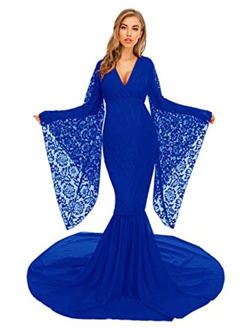 ZIUMUDY Deep V Neck Lace Maternity Gown for Photography Photo Shoot Flared Sleeve with Long Chiffon Train