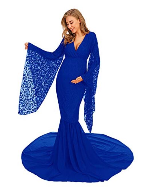 ZIUMUDY Deep V Neck Lace Maternity Gown for Photography Photo Shoot Flared Sleeve with Long Chiffon Train