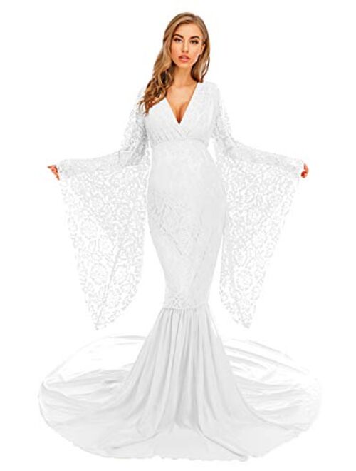 ZIUMUDY Deep V Neck Lace Maternity Gown for Photography Photo Shoot Flared Sleeve with Long Chiffon Train