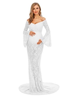 ZIUMUDY Flared Sleeve Lace Maternity Maxi Dress for Photo Shoot Off Shoulder See-Through Sexy Maternity Gown