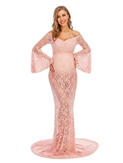 ZIUMUDY Flared Sleeve Lace Maternity Maxi Dress for Photo Shoot Off Shoulder See-Through Sexy Maternity Gown