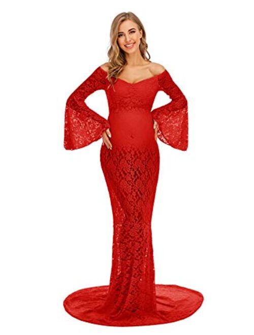 ZIUMUDY Flared Sleeve Lace Maternity Maxi Dress for Photo Shoot Off Shoulder See-Through Sexy Maternity Gown