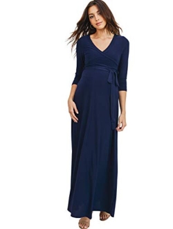 HELLO MIZ Women's Faux Wrap Maxi Maternity Dress with Belt - Made in USA