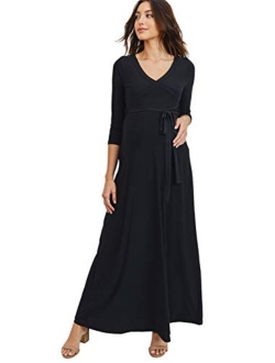 HELLO MIZ Women's Faux Wrap Maxi Maternity Dress with Belt - Made in USA