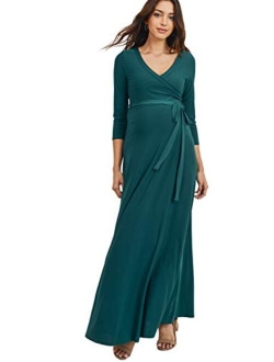 HELLO MIZ Women's Faux Wrap Maxi Maternity Dress with Belt - Made in USA