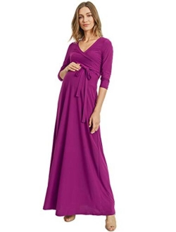 HELLO MIZ Women's Faux Wrap Maxi Maternity Dress with Belt - Made in USA