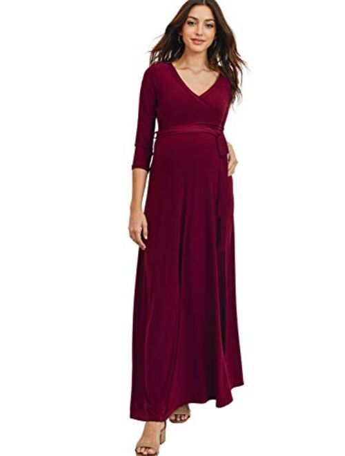 HELLO MIZ Women's Faux Wrap Maxi Maternity Dress with Belt - Made in USA