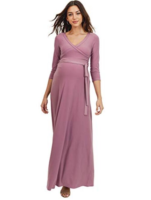 HELLO MIZ Women's Faux Wrap Maxi Maternity Dress with Belt - Made in USA