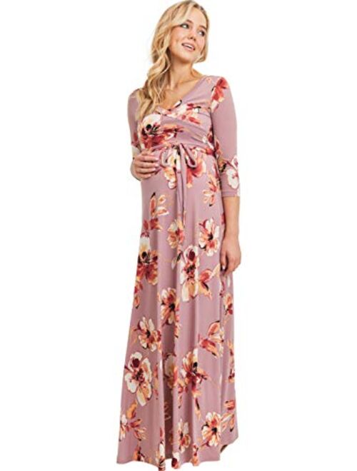 HELLO MIZ Women's Faux Wrap Maxi Maternity Dress with Belt - Made in USA