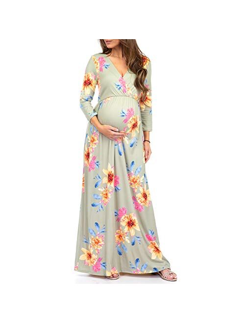 Mother Bee Maternity 3/4 Sleeve Ruched Maternity Dress W/Empire Waist for Baby Showers or Casual Wear