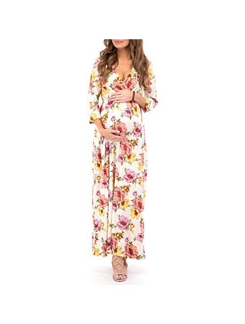 Mother Bee Maternity 3/4 Sleeve Ruched Maternity Dress W/Empire Waist for Baby Showers or Casual Wear