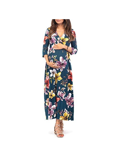 Mother Bee Maternity 3/4 Sleeve Ruched Maternity Dress W/Empire Waist for Baby Showers or Casual Wear