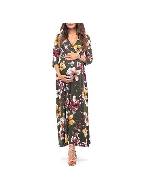 Mother Bee Maternity 3/4 Sleeve Ruched Maternity Dress W/Empire Waist for Baby Showers or Casual Wear