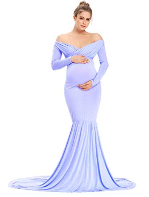 MYZEROING Long Sleeve Maternity Dress Off Shoulder Fitted Mermaid for Photo Prop Baby Shower