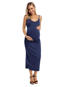 Coolmee Women's Casual Maternity Dress Spaghetti Strap Ruching Nursing Breastfeeding Bodycon Dress with Button