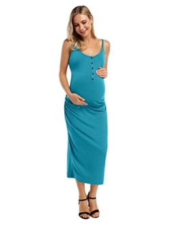 Coolmee Women's Casual Maternity Dress Spaghetti Strap Ruching Nursing Breastfeeding Bodycon Dress with Button