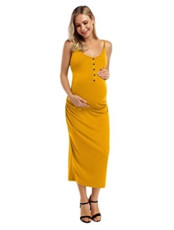 Coolmee Women's Casual Maternity Dress Spaghetti Strap Ruching Nursing Breastfeeding Bodycon Dress with Button