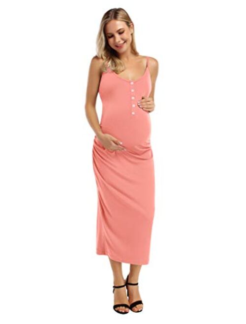 Coolmee Women's Casual Maternity Dress Spaghetti Strap Ruching Nursing Breastfeeding Bodycon Dress with Button