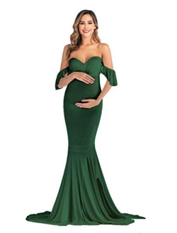 JustVH Maternity Off Shoulder Ruffle Sleeves Elegant Fitted Gown Maxi Photography Dress for Photo Shoot Baby Shower